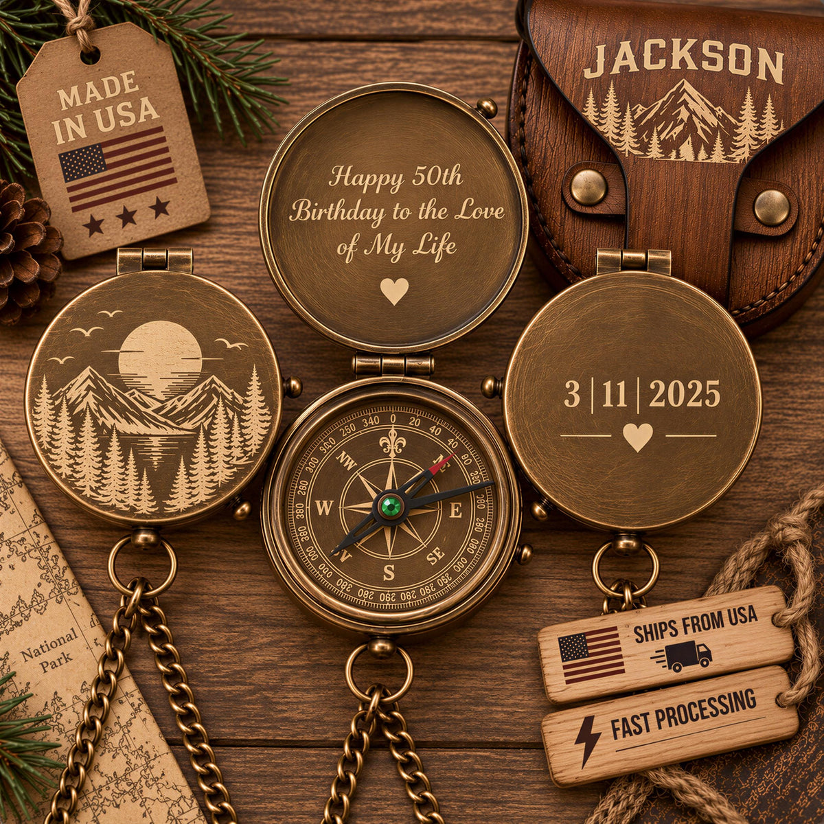 a collection of items, including a compass, a wooden bag, and a map, all with a rustic, outdoor theme.