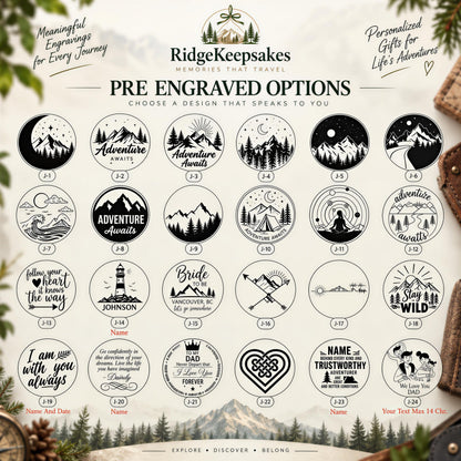 The image is a collection of pre-engraved options for personalized gifts for life's adventures, featuring various designs such as mountains, forests, and other natural elements.