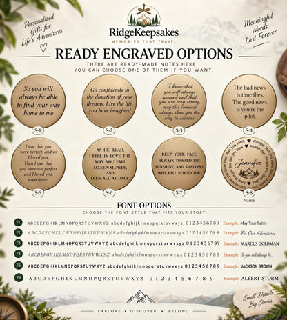The image is a collection of six different engraved options, each with a unique message or quote, presented in a visually appealing manner. The options include personalized gifts for life's adventures, memories that travel, and the meaning of words that last forever. The font options allow the user to choose the style of their story, and the image is not too large, making it easy to explore and discover.