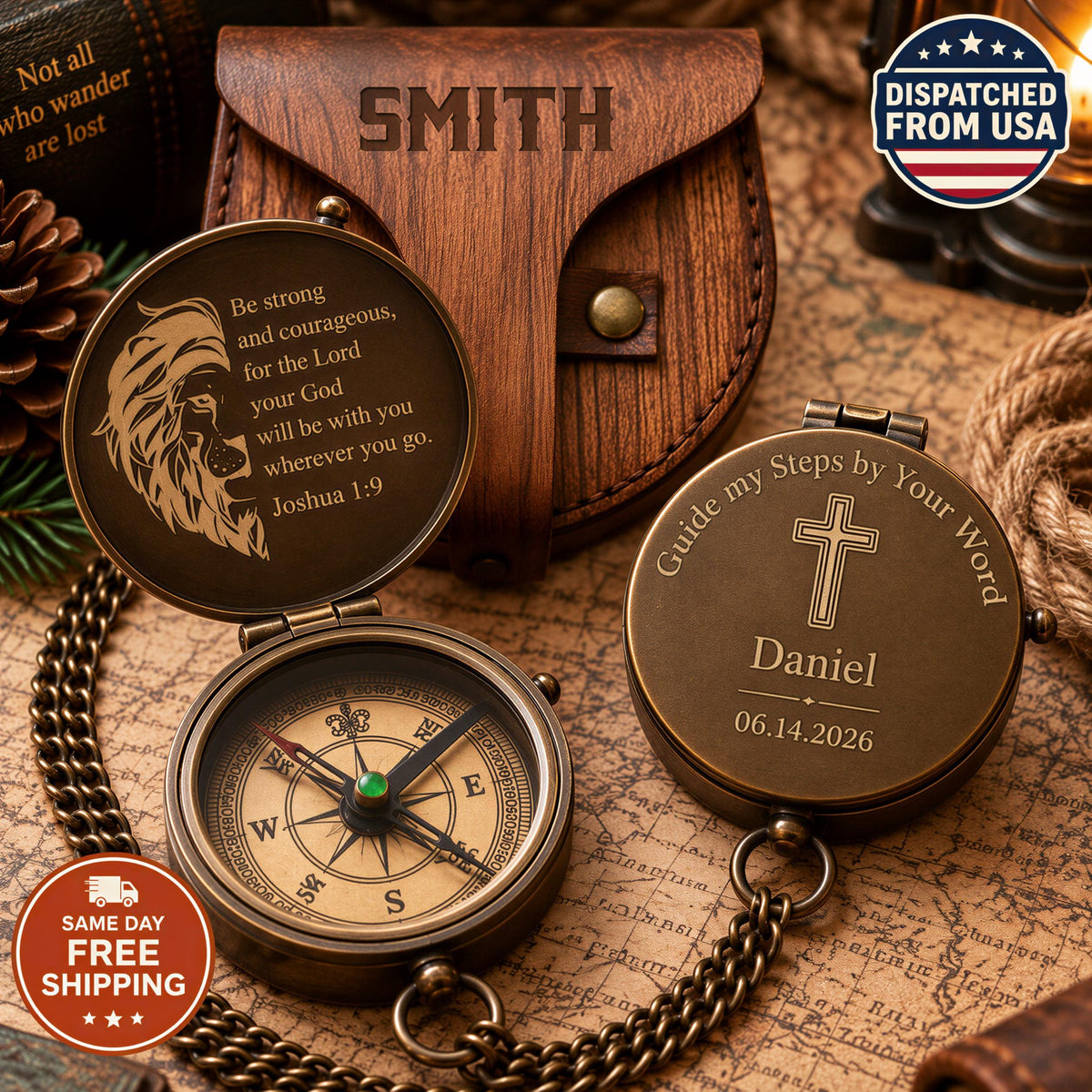 a personalized compass with a Bible verse engraved on it, along with a wooden pouch and a map.