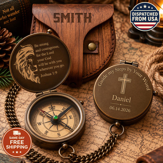 a personalized compass with a Bible verse engraved on it, along with a wooden pouch and a map.