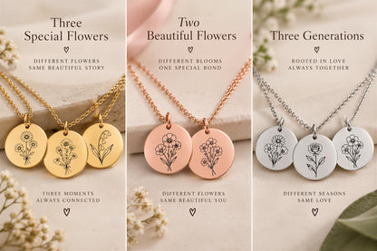 The image is a collage of three different necklaces with pendants featuring floral designs, each with a different color and style.