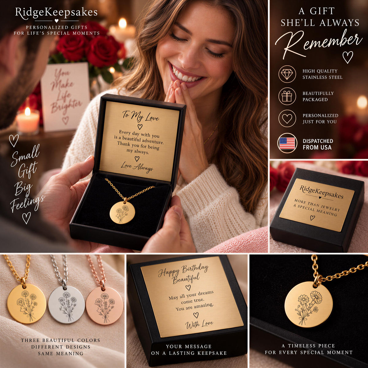 The image is a collage of various images featuring a woman holding a necklace with a pendant, a necklace box, and a necklace with a pendant. The collage includes close-up shots of the necklace and the box, as well as a close-up shot of the necklace with the pendant. The collage also includes a close-up shot of the necklace with the pendant and a close-up shot of the necklace with the box.