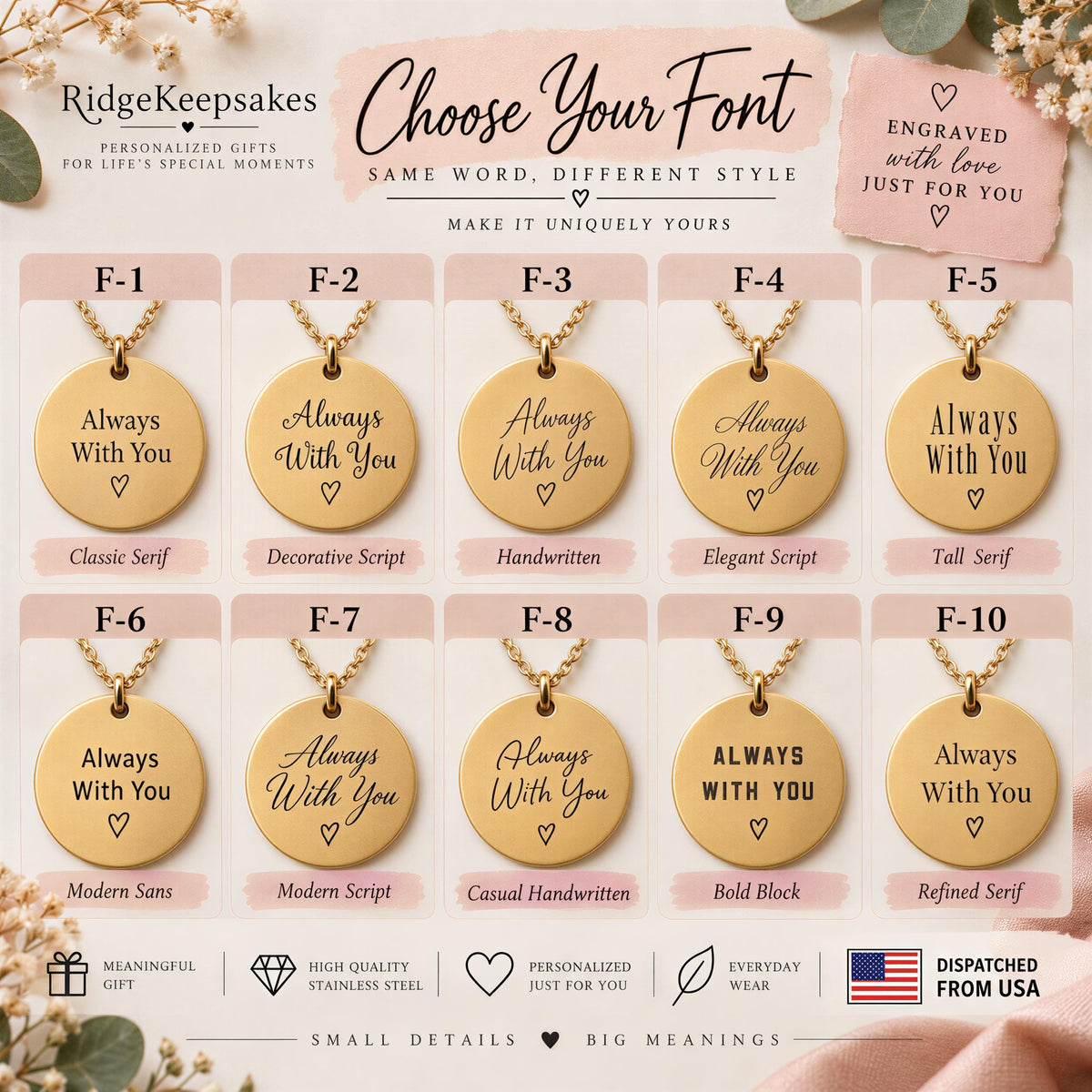 a collection of personalized gifts, including necklaces and charms, with various styles and designs. The text in the image provides information about the gifts, such as their names, styles, and the materials they are made of. The image is a collage of multiple images, and the text describes each item individually without repeating phrases or using redundancy.