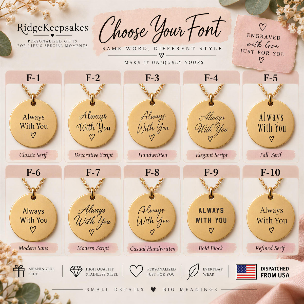 a collection of personalized gifts, including necklaces and charms, with various styles and designs. The text in the image provides information about the gifts, such as their names, styles, and the materials they are made of. The image is a collage of multiple images, and the text describes each item individually without repeating phrases or using redundancy.