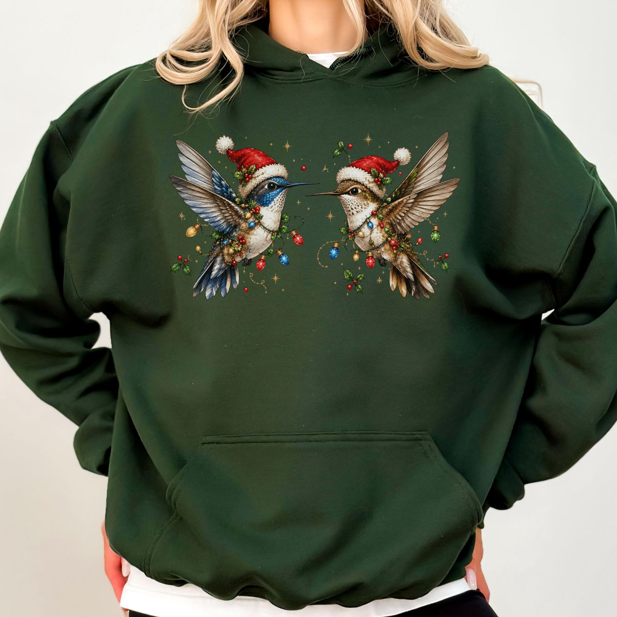 May include: A dark forest green hooded sweatshirt featuring a graphic print of two hummingbirds wearing red Santa hats. The birds are adorned with colorful Christmas light strings and holly berries, set against a dark green fabric background.