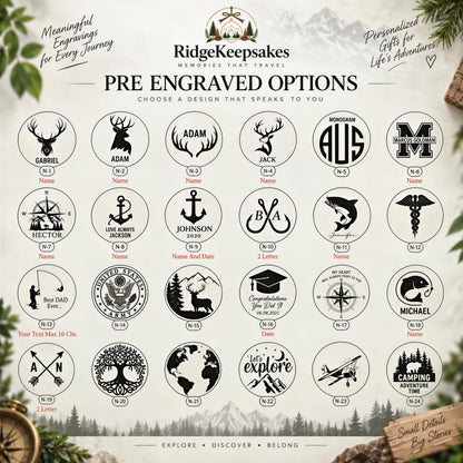 The image is a collection of various engraved designs, including animals, symbols, and landscapes, presented as pre-engraved options for personalized gifts.