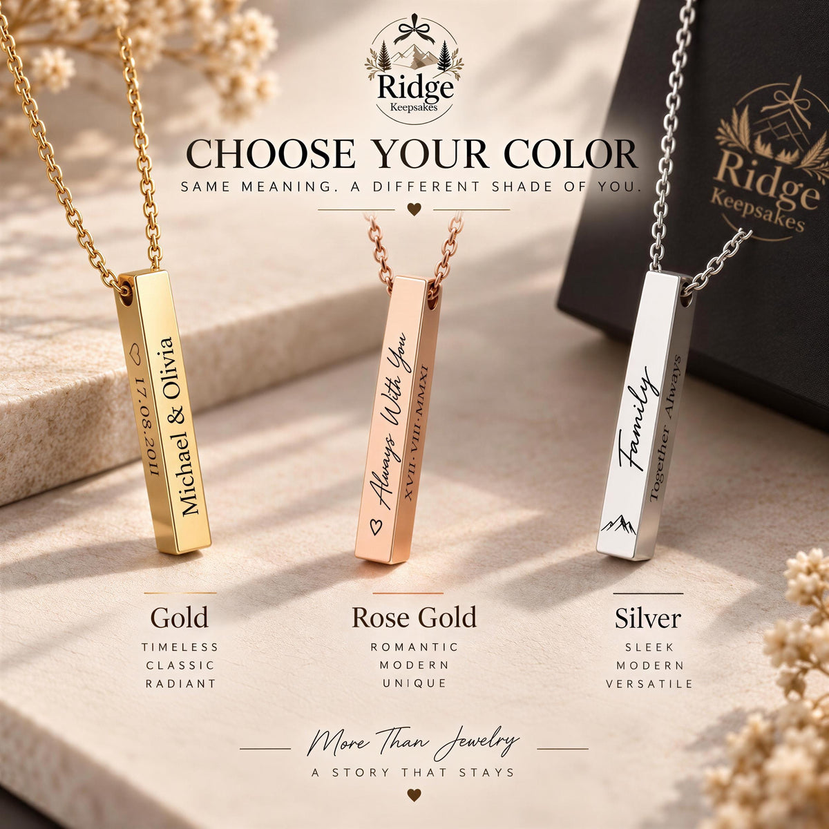 three personalized metal pendants in different colors, each with a unique message engraved on it. The pendants are arranged on a surface, with a black box in the background.