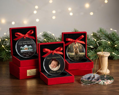 May include: Three circular glass ornaments with red ribbons, each displayed in a red velvet box. One features a house illustration, one a baby photo, and one a dog photo. Two additional ornaments lie flat, one with a couple and one with floral art.