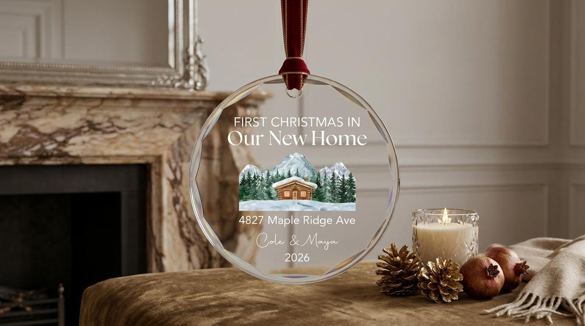 May include: A round, clear glass ornament hanging from a dark red velvet ribbon. It features a watercolor illustration of a cabin in snowy mountains, with the text "FIRST CHRISTMAS IN Our New Home", "4827 Maple Ridge Ave", "Cole & Maya", and "2026".