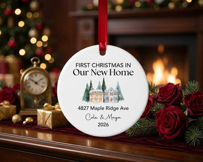 May include: A round white ceramic ornament hanging from a red ribbon. The text reads FIRST CHRISTMAS IN Our New Home, 4827 Maple Ridge Ave, Cole & Maya, and 2026. A watercolor illustration of two houses surrounded by pine trees is in the center.