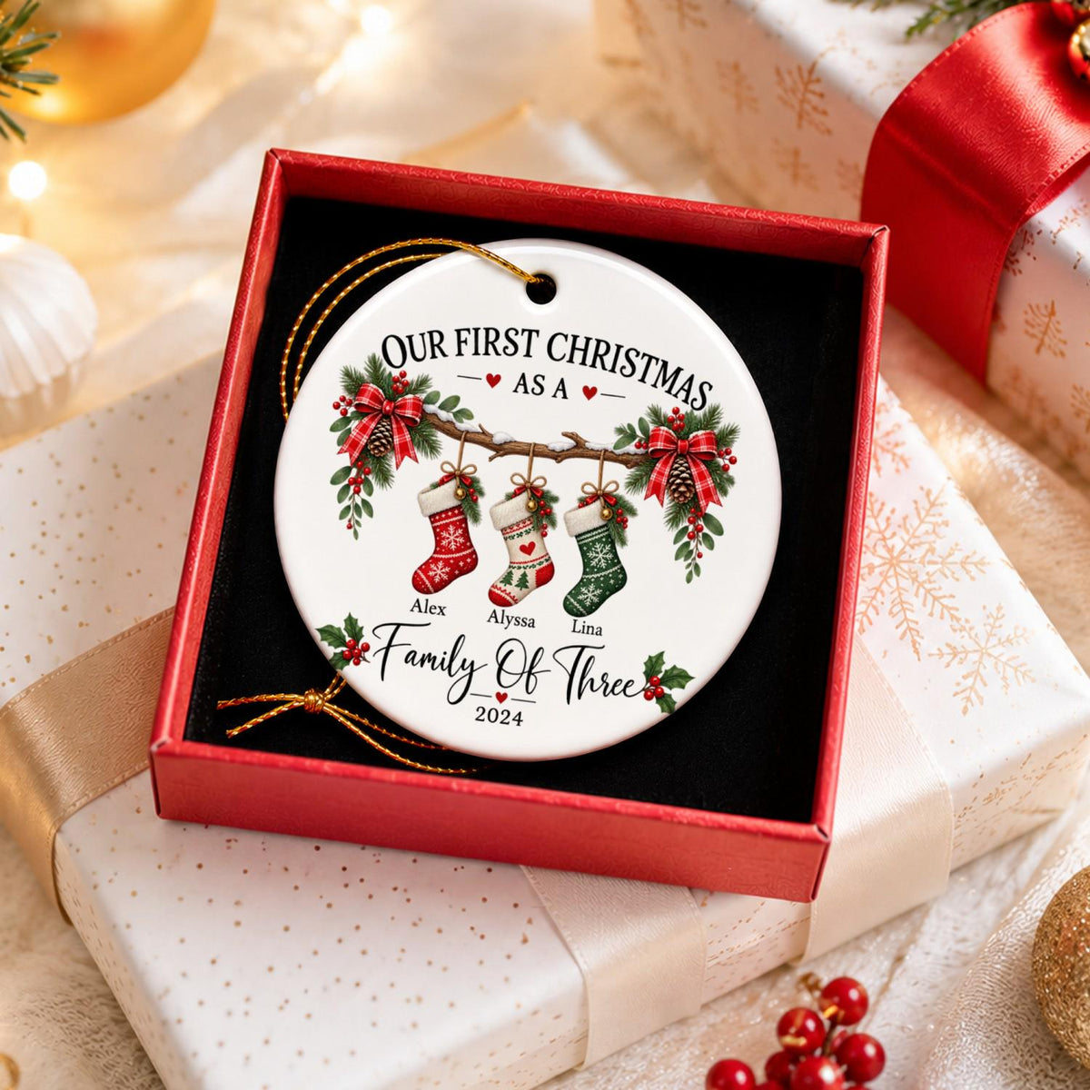 Family Of Three Christmas Ornament, Custom New Family Ornament, Baby's First Christmas Ornament, Personalized Family Ornament