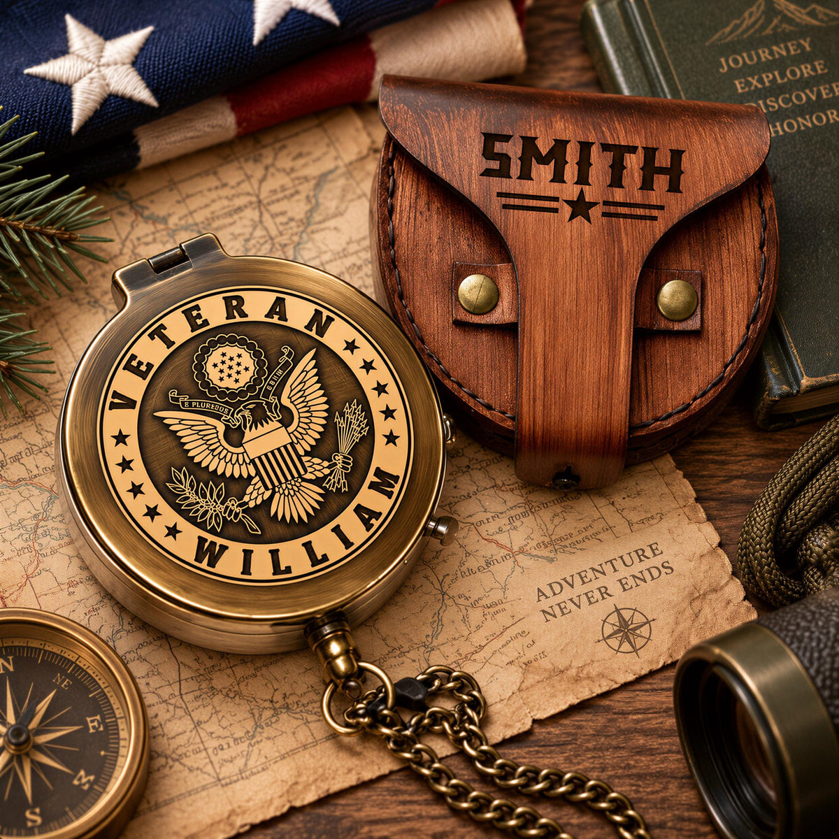 a compass with a "Veteran William" engraving, a wooden pouch with the name "Smith", a map, a compass, a book, a star, and a chain.