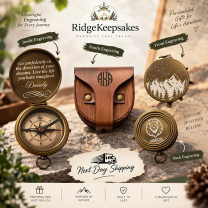 The image is an advertisement for personalized gifts for life's adventures, featuring a variety of items such as a wooden pouch, a compass, and a book.