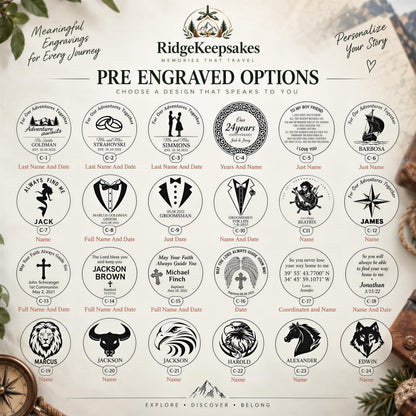 The image is a collection of personalized engraved options from Ridgekeepsakes, featuring various designs and names for different occasions such as weddings, anniversaries, and birthdays.