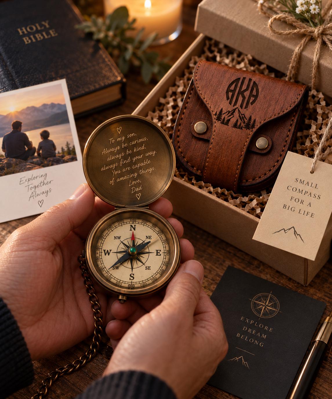 A person's hands holding a compass with a personalized message engraved on it, surrounded by other items such as a Bible, a leather wallet, and a note.