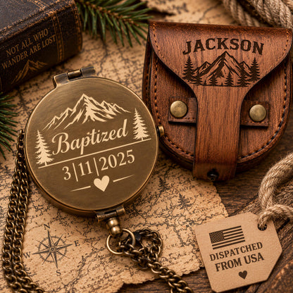 a compass with a personalized engraving, a leather pouch with a personalized engraving, and a map with a compass rose.