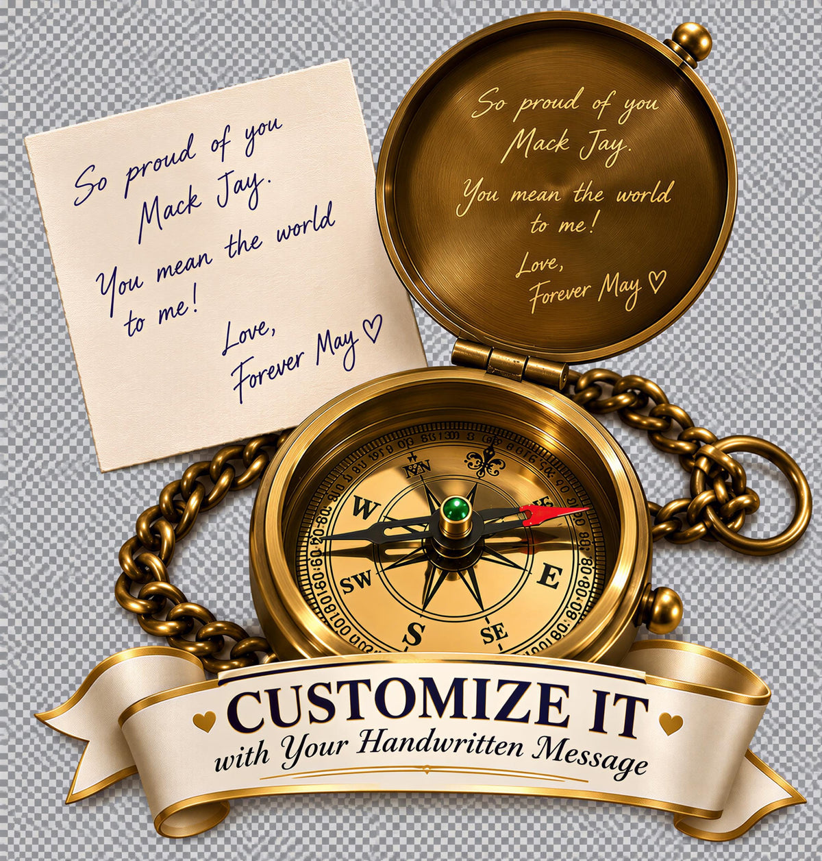 a compass with a handwritten note attached to it, along with a ribbon that says "CUSTOMIZE IT with Your Handwritten Message".