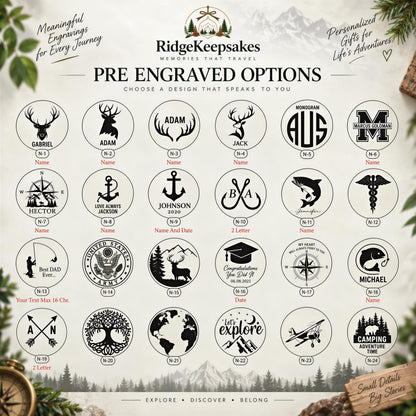 The image is a collection of various engraved designs, including animals, symbols, and landscapes, presented as pre-engraved options for personalized gifts.