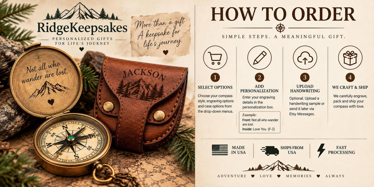 The image is a promotional graphic for a personalized gift called "RidgeKeepsakes". It features a compass, a leather pouch, and some text providing information about the product.