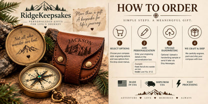 The image is a promotional graphic for a personalized gift called "RidgeKeepsakes". It features a compass, a leather pouch, and some text providing information about the product.