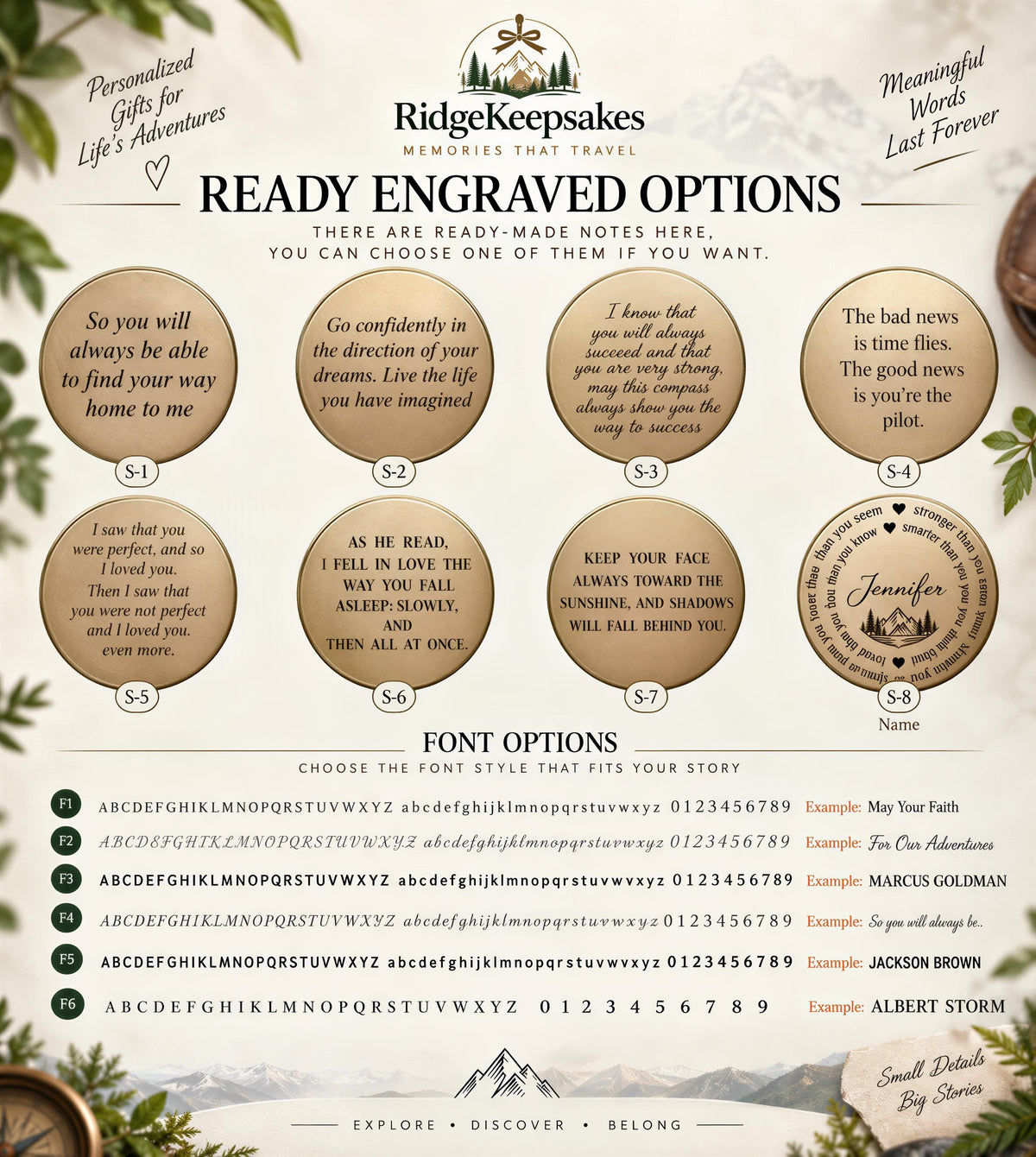 The image is a collection of six different engraved options, each with a unique message or quote, presented in a visually appealing manner. The options include personalized gifts for life's adventures, memories that travel, and meaningful words that last forever. The font options allow the user to choose the style of their story, and the image is described in a concise and clear manner, avoiding redundancy and vague wording.