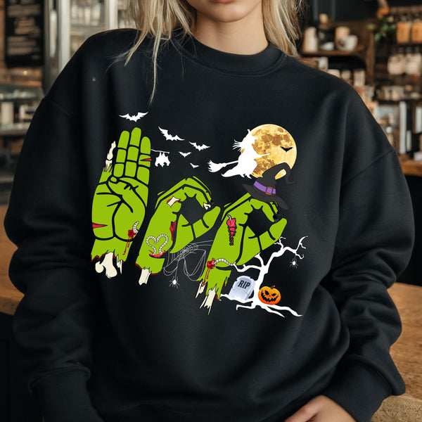 Boo Sign Language Sweatshirt and Hoodie for Halloween, ASL Teacher Gift, Deaf Pride Top, Spooktacular ASL Halloween Sweat, Deaf Pride Hoodie