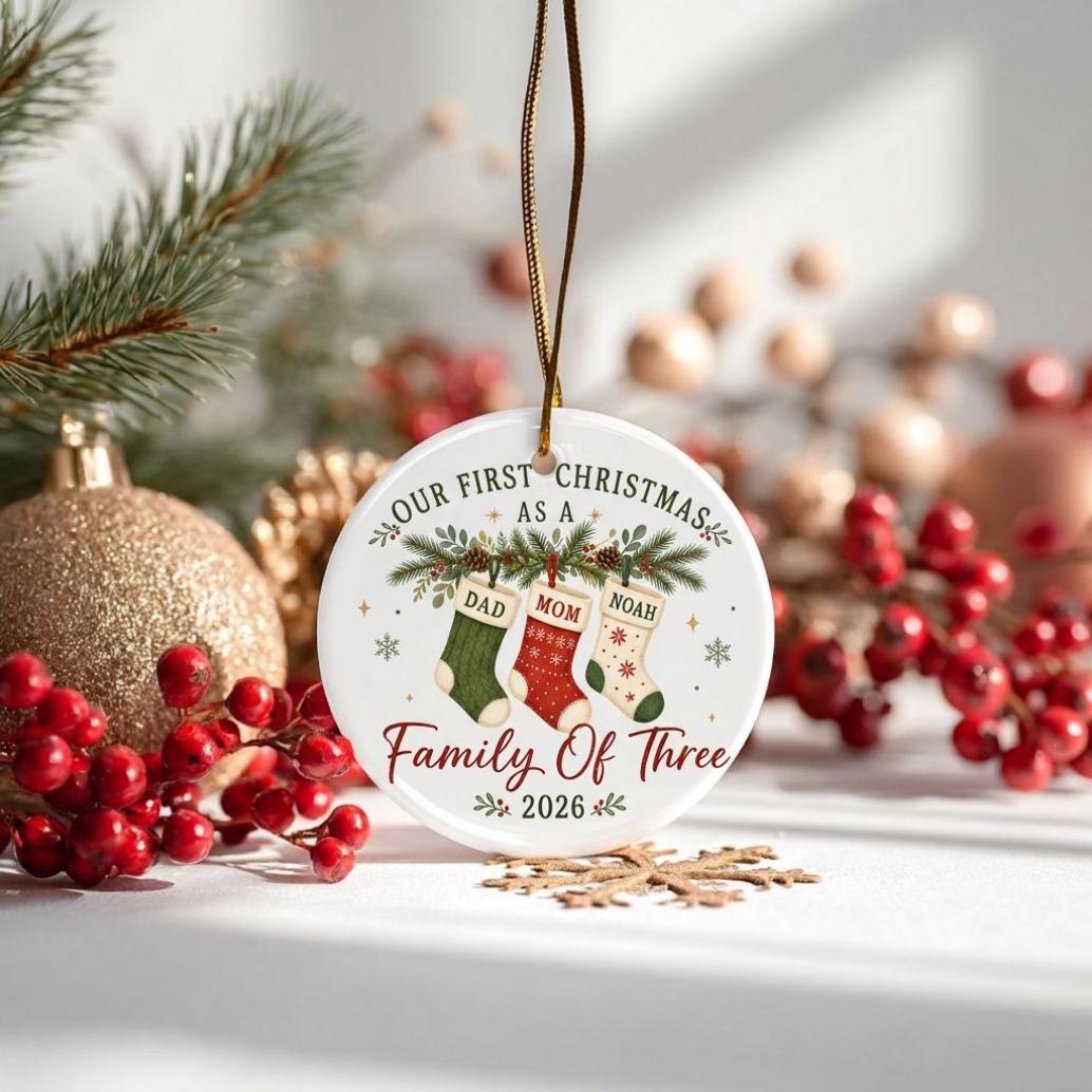 May include: A round white ceramic ornament hanging by a gold cord. The design features three Christmas stockings labeled DAD, MOM, and NOAH, with the text OUR FIRST CHRISTMAS AS A FAMILY OF THREE and the year 2026 printed in red and black.