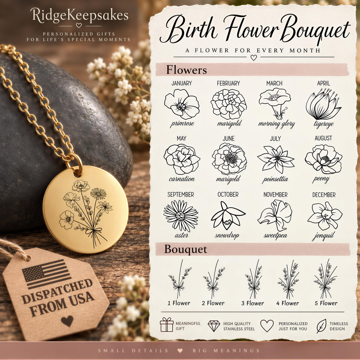 The image is a promotional graphic for a personalized birth flower bouquet necklace. It features a necklace with a pendant that displays a flower design, along with a detailed chart of various flowers and their meanings for each month of the year. The image also includes a tag that reads "Dispatched from USA" and a description of the necklace as a "Birth Flower Bouquet" with a "Flowers" section.