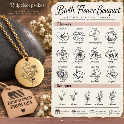 The image is a promotional graphic for a personalized birth flower bouquet necklace. It features a necklace with a pendant that displays a flower design, along with a detailed chart of various flowers and their meanings for each month of the year. The image also includes a tag that reads "Dispatched from USA" and a description of the necklace as a "Birth Flower Bouquet" with a "Flowers" section.