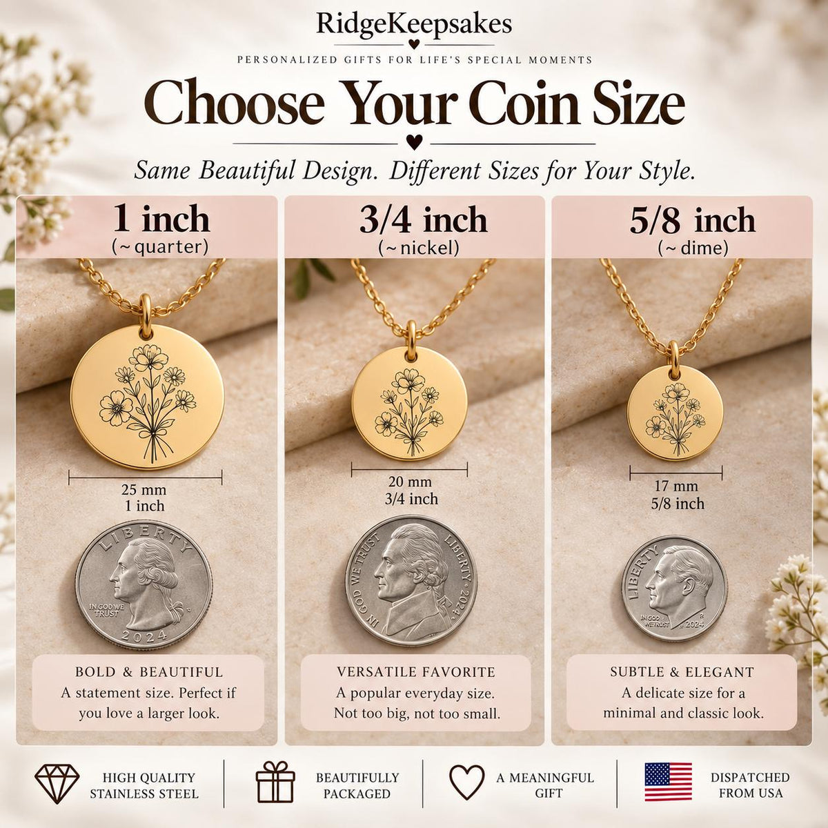 The image is a collage of three images showing different sizes of gold-colored necklaces with a flower design. The necklaces are labeled with their respective coin sizes, such as 1 inch, 3/4 inch, and 5/8 inch.