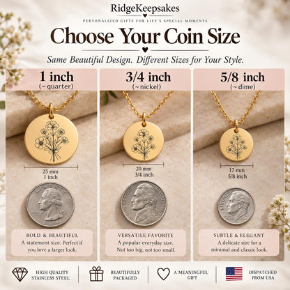 The image is a collage of three images showing different sizes of gold-colored necklaces with a flower design. The necklaces are labeled with their respective coin sizes, such as 1 inch, 3/4 inch, and 5/8 inch.