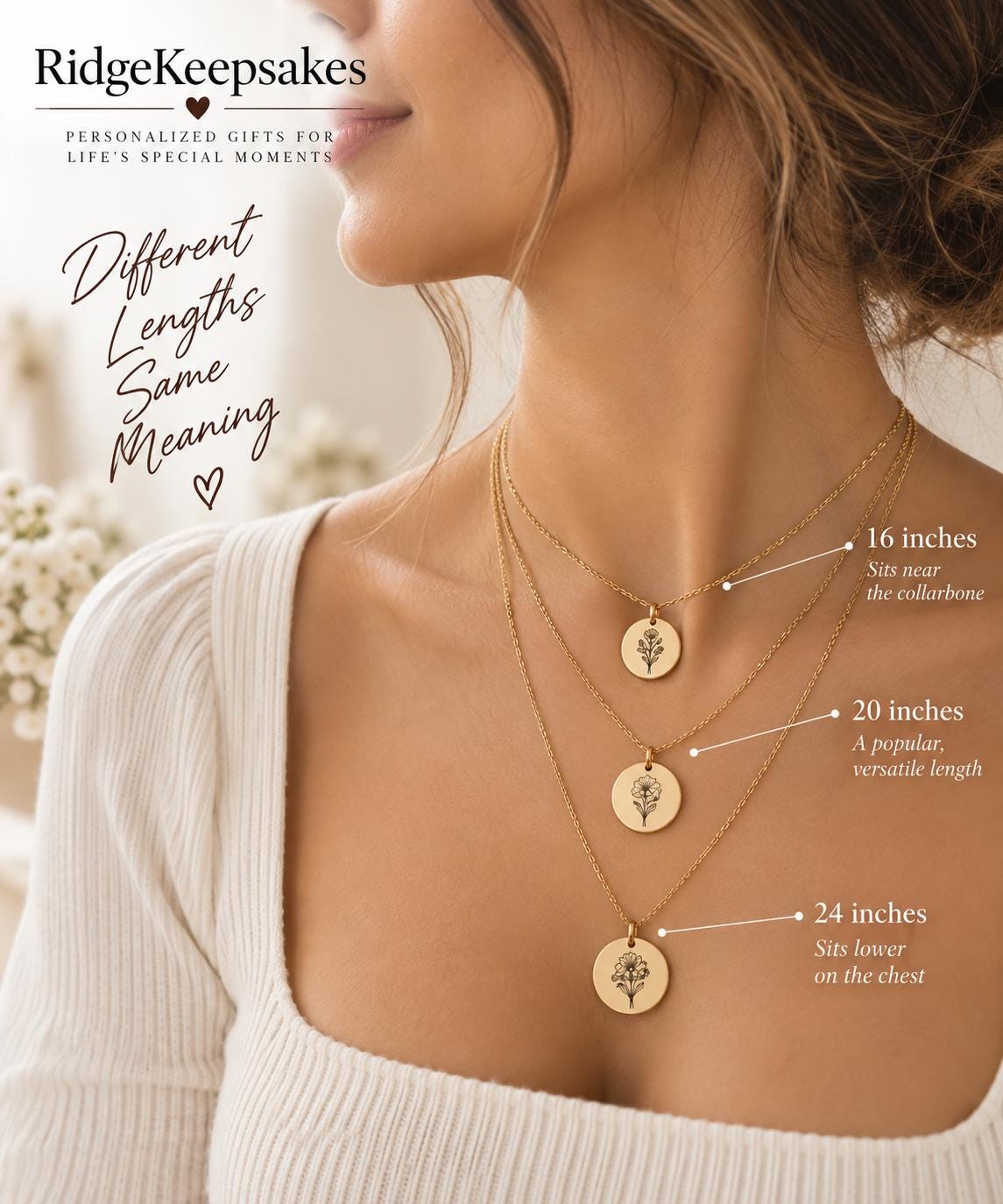 a close-up of a woman's neck with three different necklace chains, each with a pendant of varying sizes. The pendants are described in terms of their lengths, with the first pendant being 16 inches, the second 20 inches, and the third 24 inches. The image also includes text that provides information about the necklace lengths and their significance.