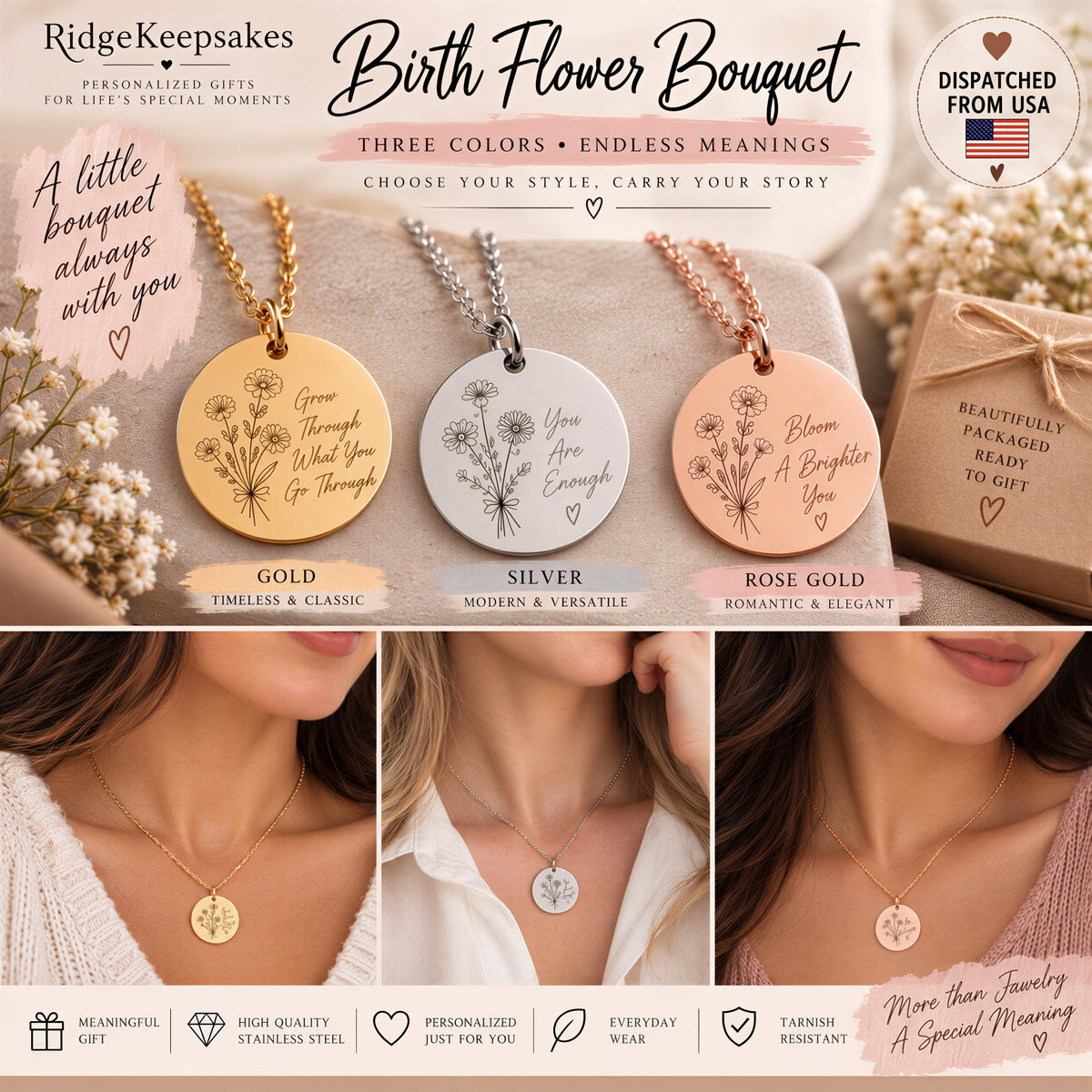 The image is a collage of three photos featuring a woman wearing a necklace with a birth flower bouquet pendant. The photos showcase the necklace in different colors and styles, highlighting the versatility and elegance of the piece.