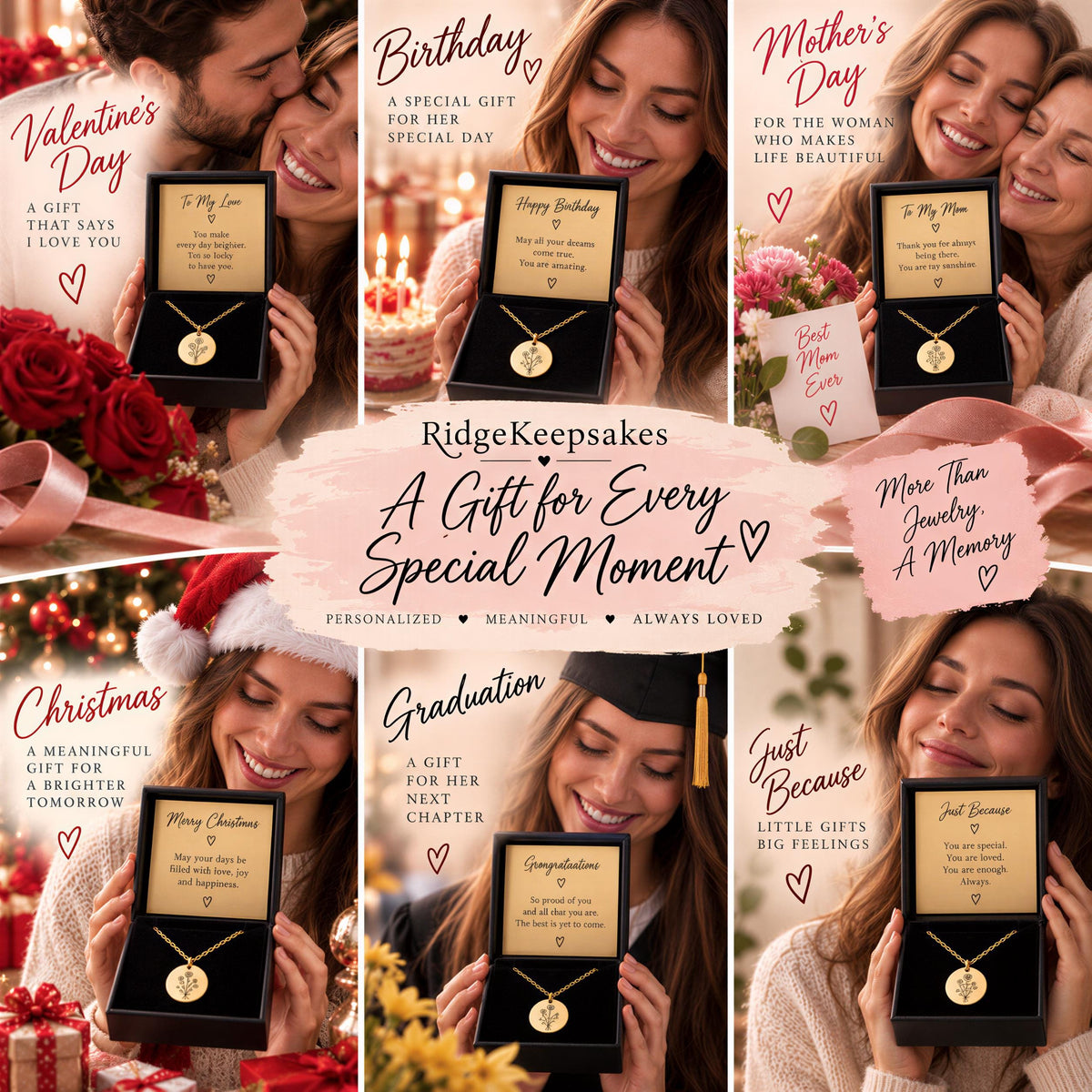The image is a collage of six photos featuring a woman holding a necklace with a personalized message, accompanied by various gift ideas for special occasions such as birthdays, graduations, and mothers' days.