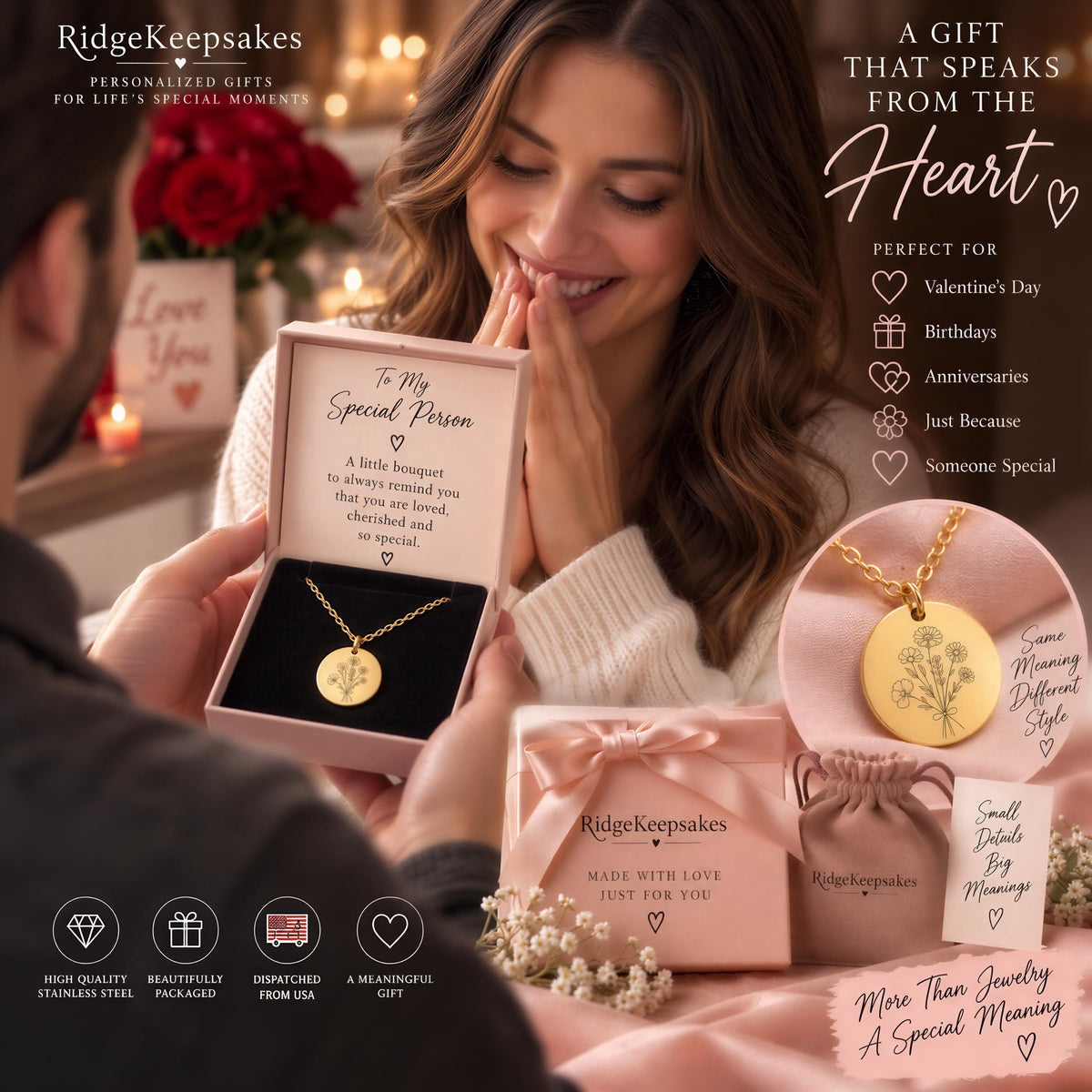 A woman is shown holding a necklace box with a pendant, while a man is holding a small round pendant in his hand. The woman is smiling and appears to be receiving the necklace as a gift.