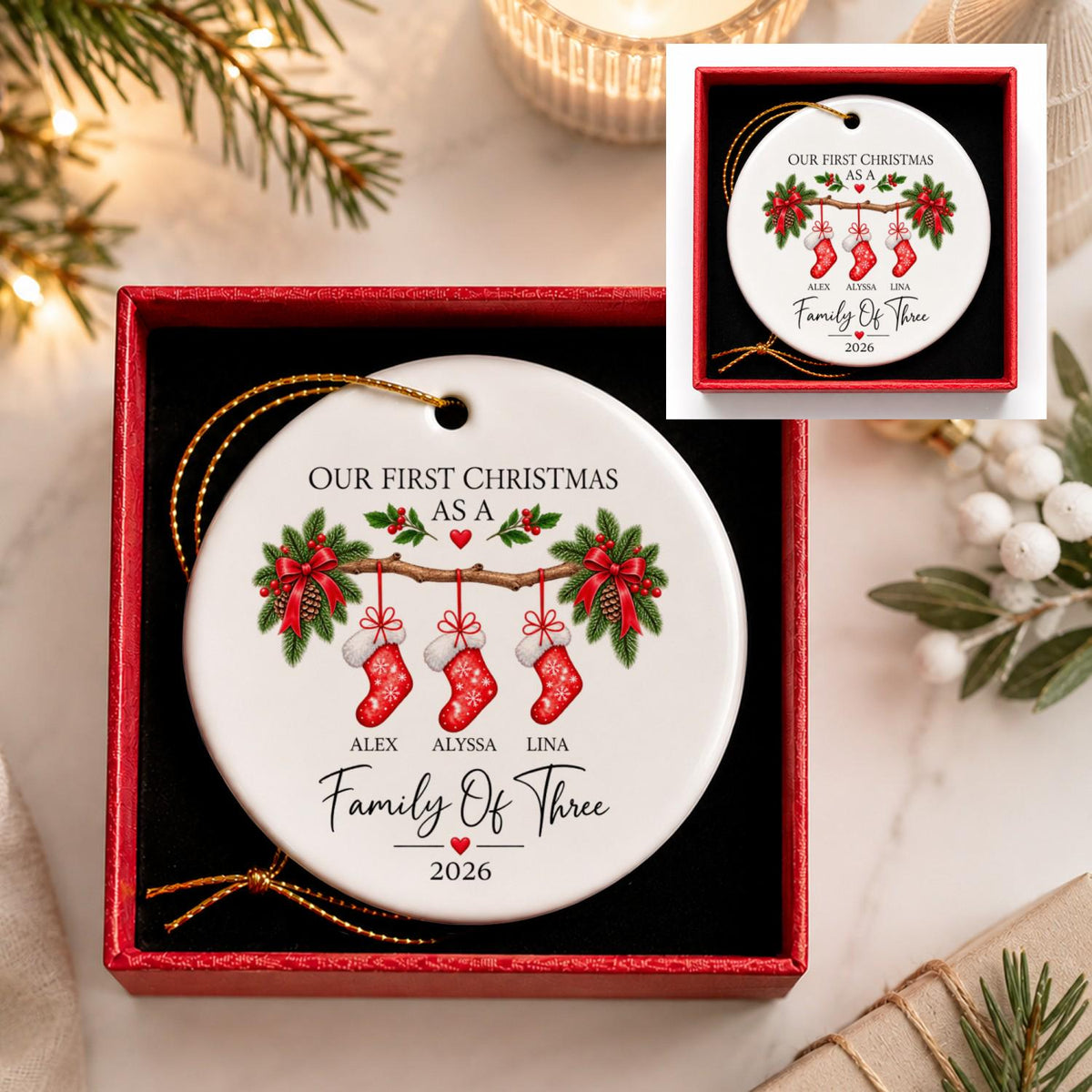 Family Of Three Christmas Ornament, Custom New Family Ornament, Baby's First Christmas Ornament, Personalized Family Ornament