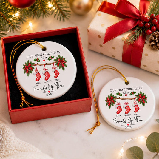 Personalized Family of Three Christmas Ornament, Custom Stocking Design (Ceramic or Glass) Copy