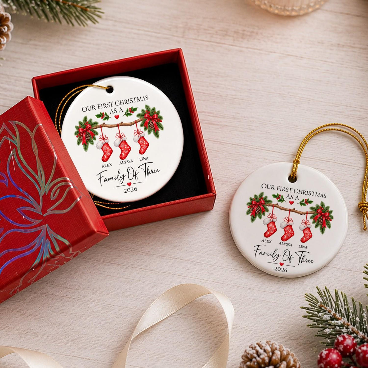 Personalized Family of Three Christmas Ornament, Custom Stocking Design (Ceramic or Glass) Copy