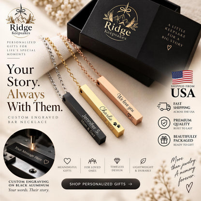 The image is an advertisement for personalized gifts, specifically engraved bar necklaces. It features three necklaces with custom engravings, including names and messages, as well as a box with the same items. The ad highlights the uniqueness and sentimental value of these personalized gifts, emphasizing that they are a "little keepsake for a big story" and a "fast shipping from USA". The ad also mentions the "beautiful, timeless, lightweight design" and the "timeless quality" of the gifts.