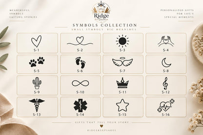The image is a collection of symbols, each with its own unique meaning, arranged in a grid format. The symbols include hearts, paw prints, a sun, a moon, a cactus, a star, a crown, and a cross. The symbols are accompanied by their respective numbers, ranging from 1 to 16. The image also includes a caption that reads "Gifts that tell your story" and a logo at the bottom.