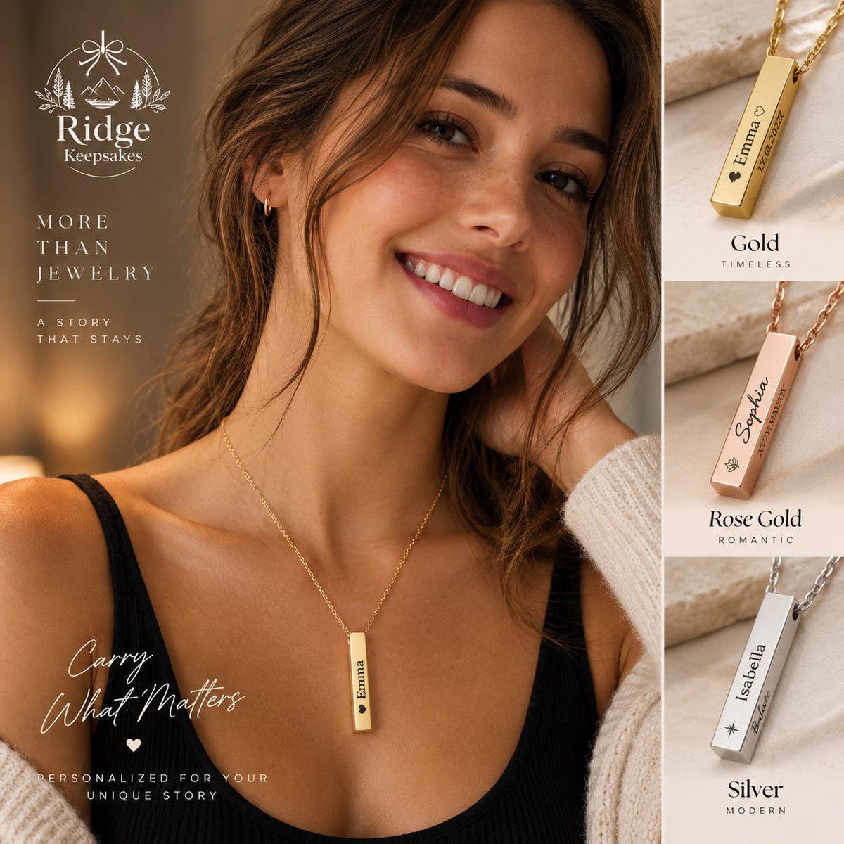 The image is a collage of three photos featuring a woman wearing various necklaces. The woman is smiling and posing for the camera.