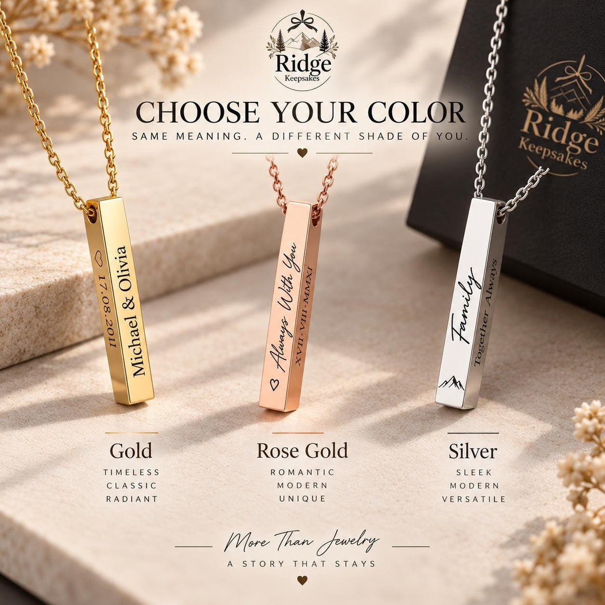 three personalized metal pendants in different colors, each with a unique message engraved on it. The pendants are arranged on a surface, with a black box in the background.