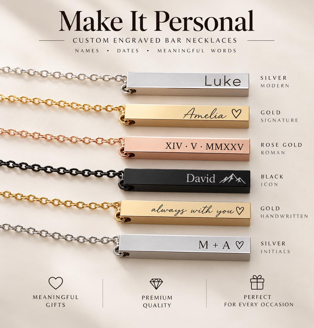 a set of four personalized bar necklaces