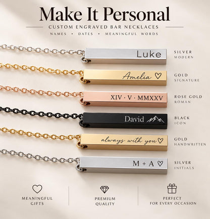 a set of four personalized bar necklaces