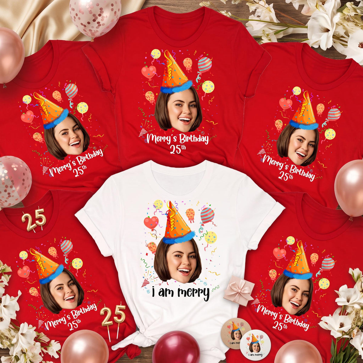 May include: A collection of red and white t-shirts featuring a graphic of a person wearing an orange party hat, surrounded by colorful balloons and confetti. The red shirts display the text Merry's Birthday 25th, while the white shirt says i am merry.