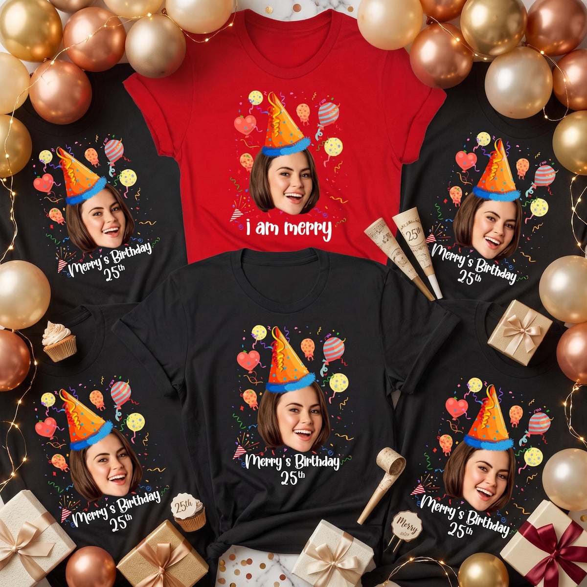 May include: A collection of red and black t-shirts featuring a custom photo of a person wearing a blue and orange party hat, surrounded by colorful balloons and confetti. The shirts display the text i am merry or Merry's Birthday 25th.