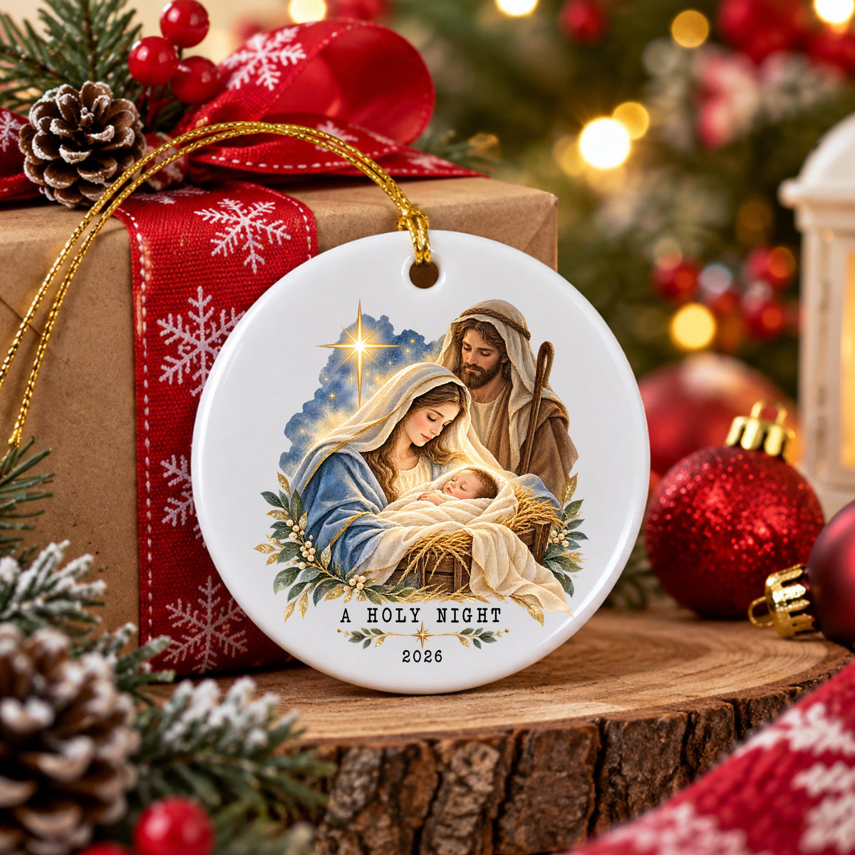 May include: A round white ceramic ornament featuring a colorful illustration of the Nativity scene with Mary, Joseph, and the infant Jesus. The text A HOLY NIGHT and the year 2026 are printed in black at the bottom of the ornament with a gold string.