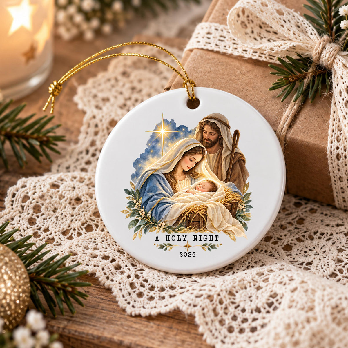 May include: A round white ceramic ornament featuring a colorful illustration of the Nativity scene with Mary, Joseph, and the infant Jesus. The text A HOLY NIGHT and the year 2026 are printed below the figures. A gold string is attached for hanging.