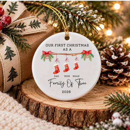 May include: A round white ceramic Christmas ornament featuring the text OUR FIRST CHRISTMAS AS A FAMILY OF THREE 2026. The design includes a branch with red bows, greenery, and three red stockings labeled DAD, MOM, and NOAH, hanging by gold string.